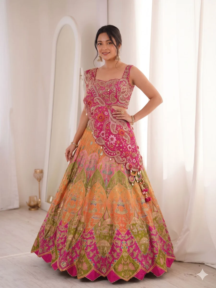 MODERN CREPE DIGITAL PRINT FANCY LATKAN WORK LEHENGA CHOLI WITH SHRUG WEDDING WEAR WHOLESALE PRICE ETHNIC GARMENT (3)