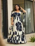 MODERN CREPE FLORAL PRINT WORK ONE PIECE DRESS NAVY BLUE