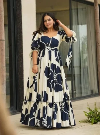 MODERN CREPE FLORAL PRINT WORK ONE PIECE DRESS NAVY BLUE