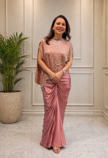 MODERN CREPE SILK EMBROIDERY SEQUENCE WORK DRAPED SKIRT BLOUSE WITH KOTI PEACH