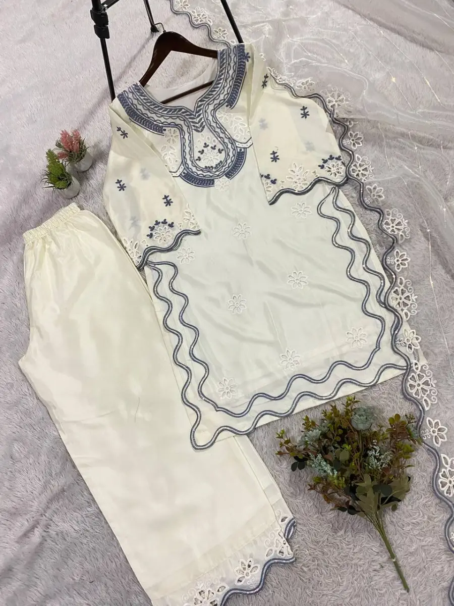 MODERN CREPE SILK SEQUENCE EMBROIDERY CUT WORK TOP PALAZZO WITH DUPATTA FESTIVE WEAR WHOLESALE PRICE ETHNIC GARMENT (15)