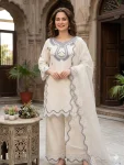 MODERN CREPE SILK SEQUENCE EMBROIDERY CUT WORK TOP PALAZZO WITH DUPATTA OFF WHITE