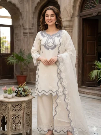 MODERN CREPE SILK SEQUENCE EMBROIDERY CUT WORK TOP PALAZZO WITH DUPATTA OFF WHITE