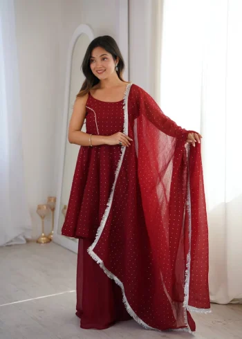 MODERN CRUNCHY SILK ZARKAN WORK TOP PALAZZO WITH DUPATTA MAROON