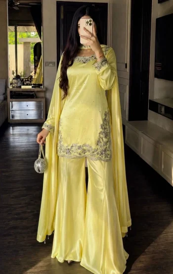 MODERN DEVSENA SILK EMBROIDERY SEQUENCE WITH CUTWORK BORDER TOP PALAZZO WITH DUPATTA YELLOW
