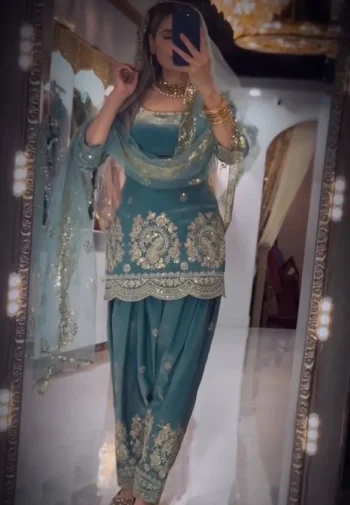 MODERN FENDY CRUSH SILK EMBROIDERY THREAD & SEQUENCE WORK TOP PATIYALA WITH DUPATTA RAMA