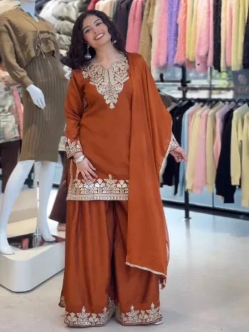 MODERN FENDY SEQUENCE EMBROIDERY WORK TOP PALAZZO WITH DUPATTA ORANGE