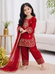 MODERN FENDY SILK EMBROIDERY SEQUENCE WORK KID’S TOP BOTTOM WITH DUPATTA FESTIVE WEAR WHOLESALE PRICE ETHNIC GARMENT (14)