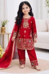 MODERN FENDY SILK EMBROIDERY SEQUENCE WORK KID'S TOP BOTTOM WITH DUPATTA RED