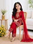 MODERN FENDY SILK EMBROIDERY SEQUENCE WORK KID’S TOP BOTTOM WITH DUPATTA FESTIVE WEAR WHOLESALE PRICE ETHNIC GARMENT (14)