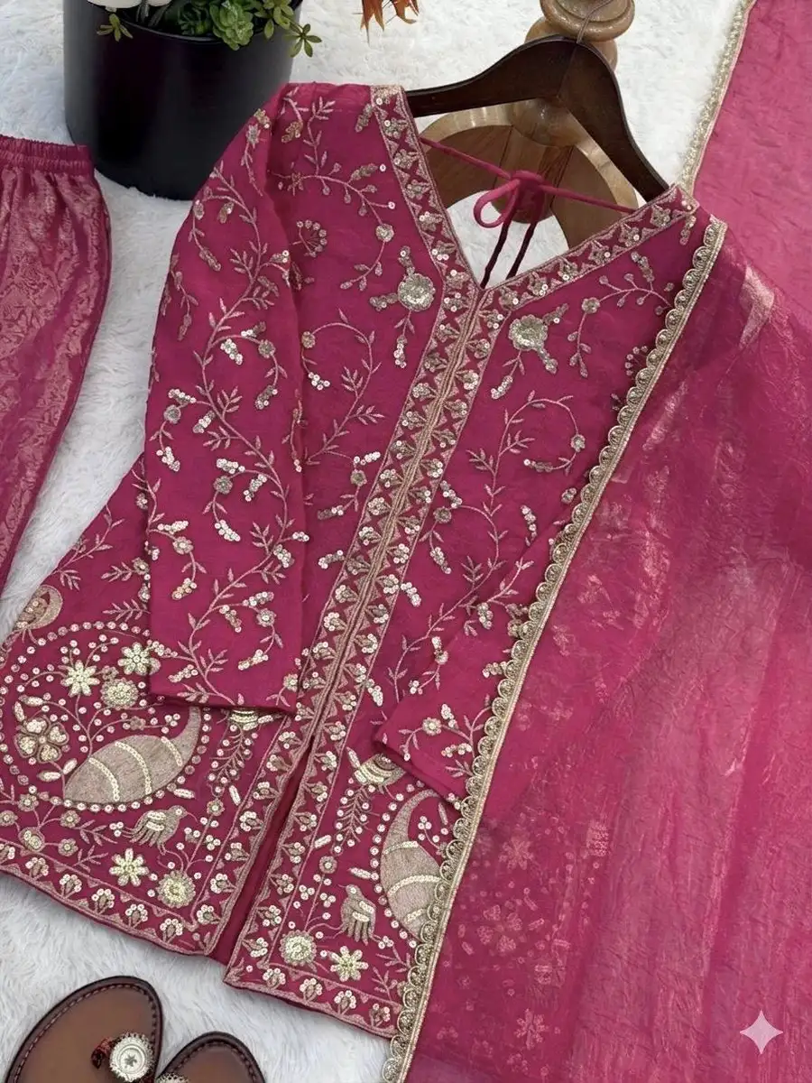 MODERN FENDY SILK EMBROIDERY SEQUENCE WORK TOP PALAZZO WITH DUPATTA FESTIVE WEAR WHOLESALE PRICE ETHNIC GARMENT (1)
