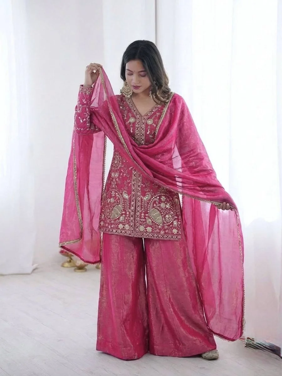 MODERN FENDY SILK EMBROIDERY SEQUENCE WORK TOP PALAZZO WITH DUPATTA FESTIVE WEAR WHOLESALE PRICE ETHNIC GARMENT (3)