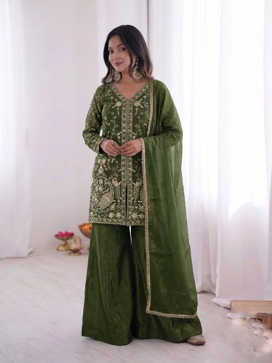 MODERN FENDY SILK EMBROIDERY SEQUENCE WORK TOP PALAZZO WITH DUPATTA FESTIVE WEAR WHOLESALE PRICE ETHNIC GARMENT (6)