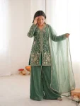 MODERN FENDY SILK EMBROIDERY SEQUENCE WORK TOP PALAZZO WITH DUPATTA MINT