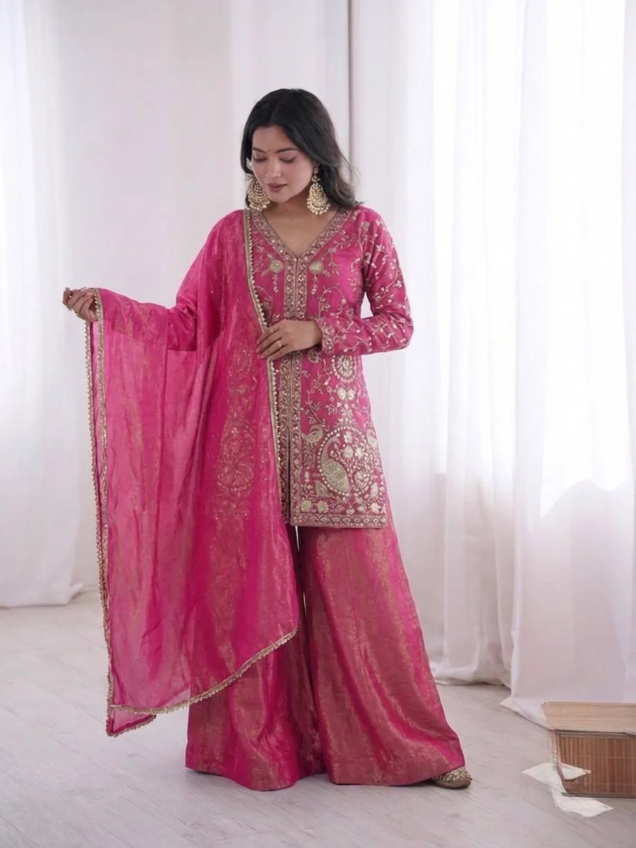 MODERN FENDY SILK EMBROIDERY SEQUENCE WORK TOP PALAZZO WITH DUPATTA FESTIVE WEAR WHOLESALE PRICE ETHNIC GARMENT (6)