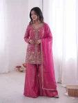 MODERN FENDY SILK EMBROIDERY SEQUENCE WORK TOP PALAZZO WITH DUPATTA PINK