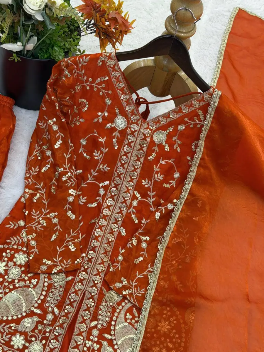 MODERN FENDY SILK EMBROIDERY SEQUENCE WORK TOP PALAZZO WITH DUPATTA WEDDING WEAR WHOLESALE PRICE ETHNIC GARMENT (11)