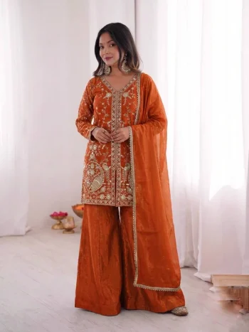 MODERN FENDY SILK EMBROIDERY SEQUENCE WORK TOP PALAZZO WITH DUPATTA ORANGE