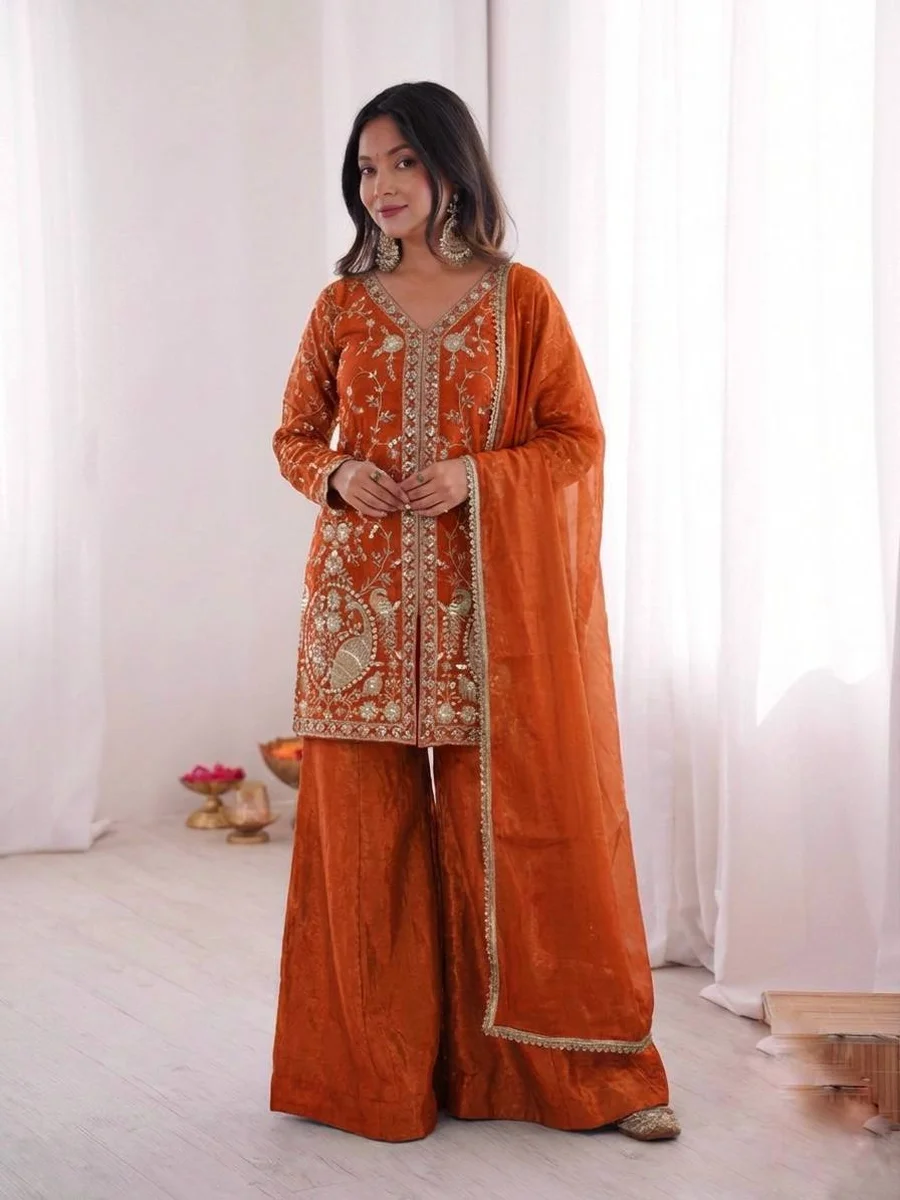 MODERN FENDY SILK EMBROIDERY SEQUENCE WORK TOP PALAZZO WITH DUPATTA WEDDING WEAR WHOLESALE PRICE ETHNIC GARMENT (4)