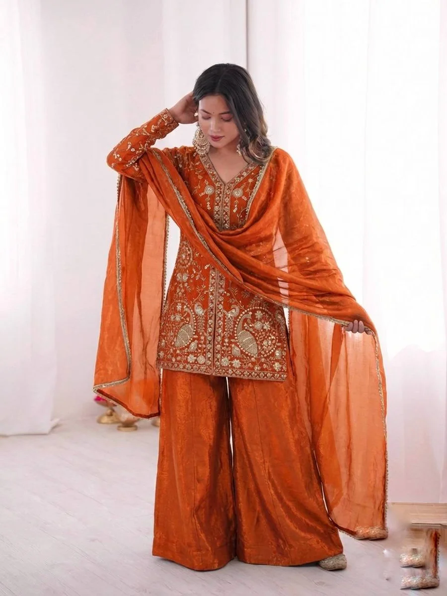 MODERN FENDY SILK EMBROIDERY SEQUENCE WORK TOP PALAZZO WITH DUPATTA WEDDING WEAR WHOLESALE PRICE ETHNIC GARMENT (5)