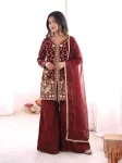 MODERN FENDY SILK EMBROIDERY SEQUENCE WORK TOP PALAZZO WITH DUPATTA MAROON