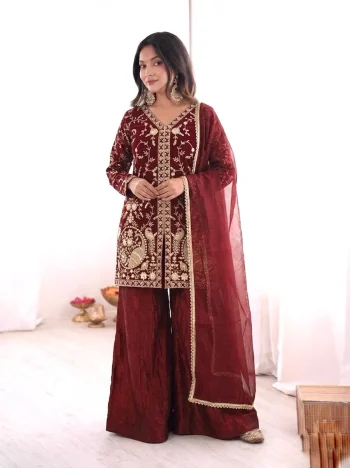 MODERN FENDY SILK EMBROIDERY SEQUENCE WORK TOP PALAZZO WITH DUPATTA MAROON