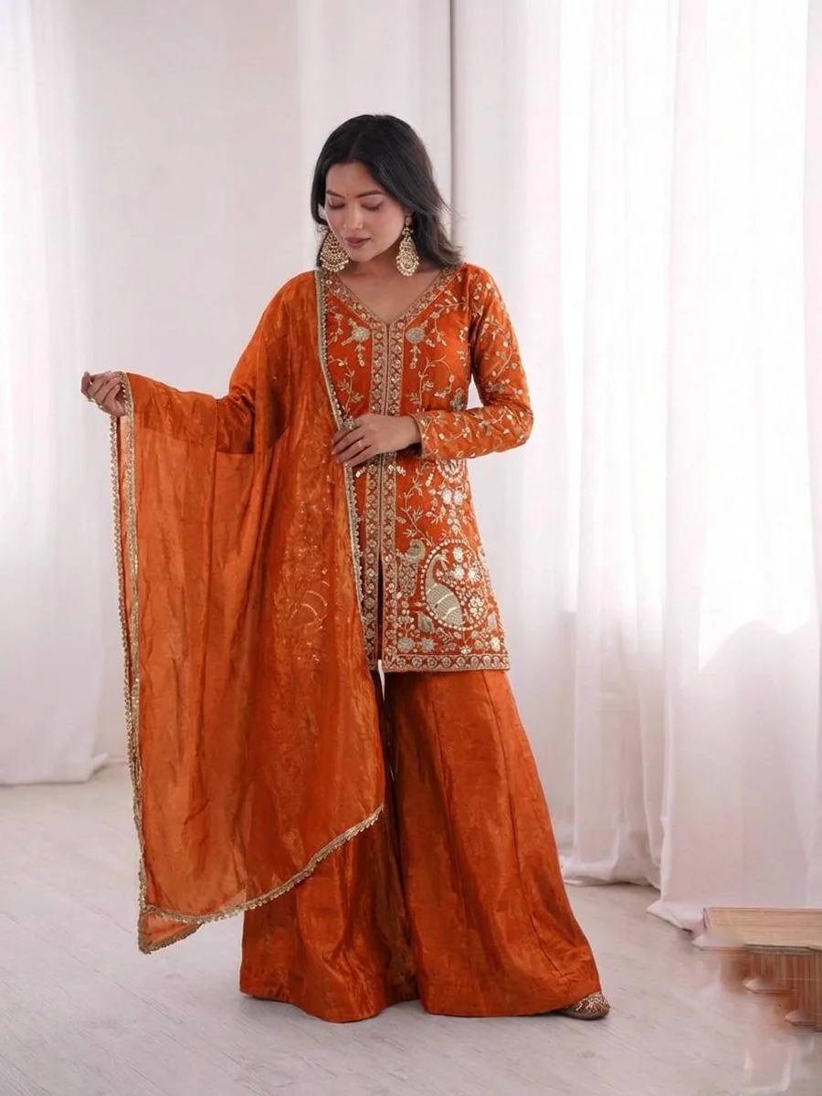 MODERN FENDY SILK EMBROIDERY SEQUENCE WORK TOP PALAZZO WITH DUPATTA WEDDING WEAR WHOLESALE PRICE ETHNIC GARMENT (8)