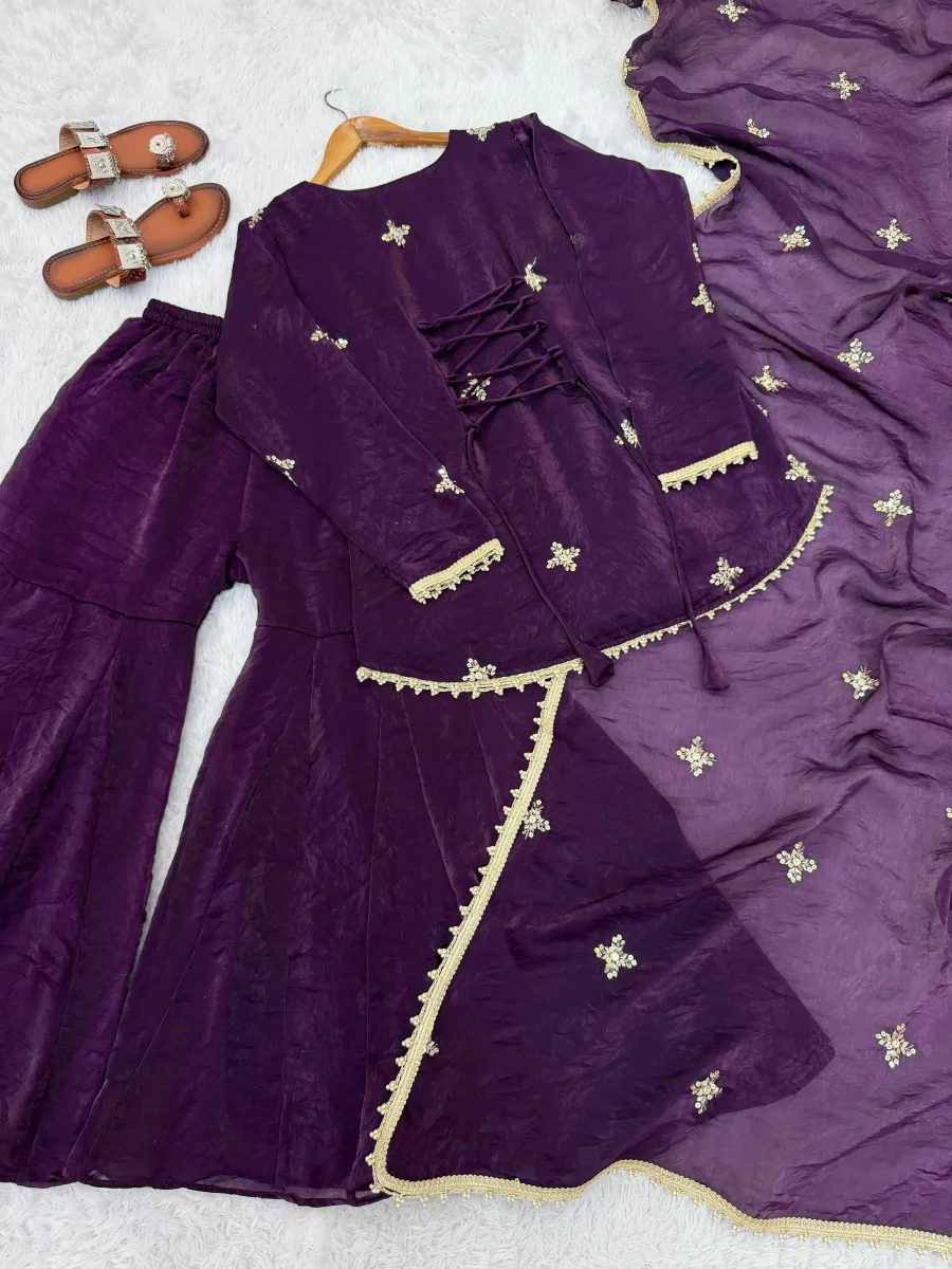 MODERN FENDY SILK EMBROIDERY SEQUENCE WORK TOP SHARARA WITH DUPATTA FESTIVE WEAR WHOLESALE PRICE ETHNIC GARMENT (1)