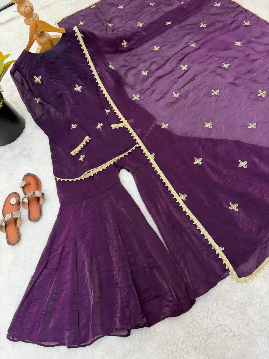 MODERN FENDY SILK EMBROIDERY SEQUENCE WORK TOP SHARARA WITH DUPATTA FESTIVE WEAR WHOLESALE PRICE ETHNIC GARMENT (16)