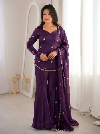 MODERN FENDY SILK EMBROIDERY SEQUENCE WORK TOP SHARARA WITH DUPATTA PURPLE