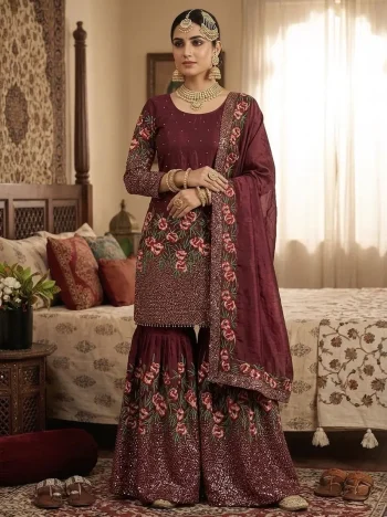 MODERN FENDY SILK EMBROIDERY SEQUENCE WORK WITH HAND WORK TOP SHARARA WITH DUPATTA MAROON