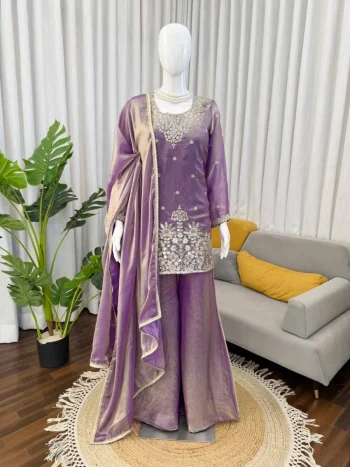 MODERN FENDY SILK THREAD WITH SEQUENCE WORK TOP PALAZZO WITH DUPATTA LAVENDER