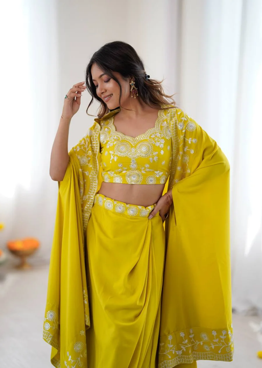 MODERN FRENCH CREPE WESTERN DHOTI SHRUG WITH UNSTITCHED CHOLI PARTY WEAR WHOLESALE PRICE ETHNIC GARMENT (1)