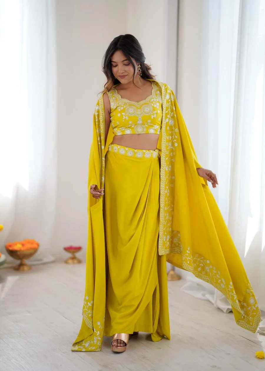 MODERN FRENCH CREPE WESTERN DHOTI SHRUG WITH UNSTITCHED CHOLI PARTY WEAR WHOLESALE PRICE ETHNIC GARMENT (2)
