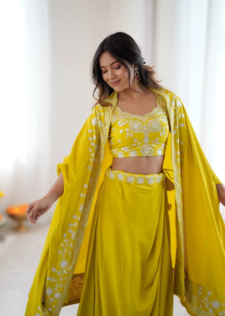 MODERN FRENCH CREPE WESTERN DHOTI SHRUG WITH UNSTITCHED CHOLI PARTY WEAR WHOLESALE PRICE ETHNIC GARMENT (5)