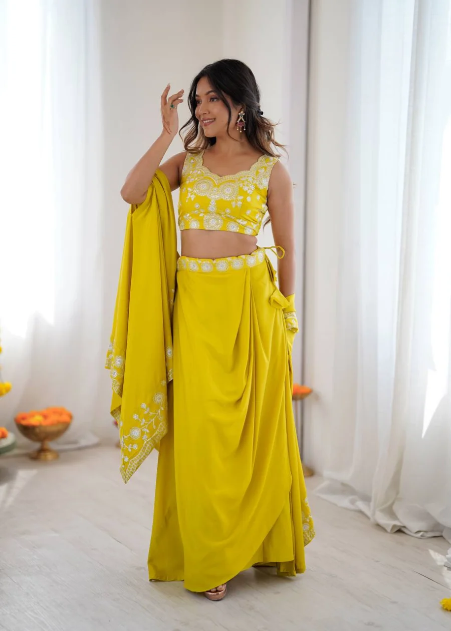 MODERN FRENCH CREPE WESTERN DHOTI SHRUG WITH UNSTITCHED CHOLI PARTY WEAR WHOLESALE PRICE ETHNIC GARMENT (6)