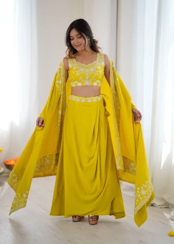 MODERN FRENCH CREPE WESTERN DHOTI SHRUG WITH UNSTITCHED CHOLI LEMON