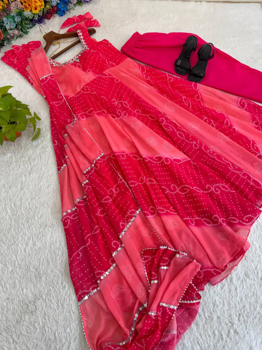 MODERN GEORGETTE CHIFFON DIGITAL PRINT ORIGINAL GLASS MIRROR WORK GOWN BOTTOM WITH DUPATTA FESTIVE WEAR WHOLESALE PRICE ETHNIC GARMENT (17)