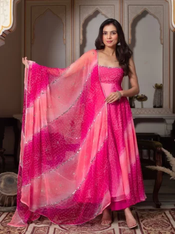 MODERN GEORGETTE CHIFFON DIGITAL PRINT ORIGINAL GLASS MIRROR WORK GOWN BOTTOM WITH DUPATTA  RANI