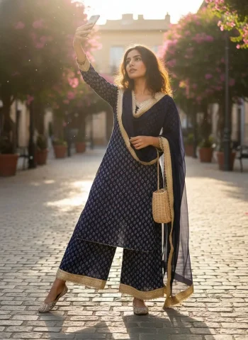 MODERN GEORGETTE DIGITAL PRINT WITH FANCY LACE WORK TOP PALAZZO WITH DUPATTA NAVY BLUE