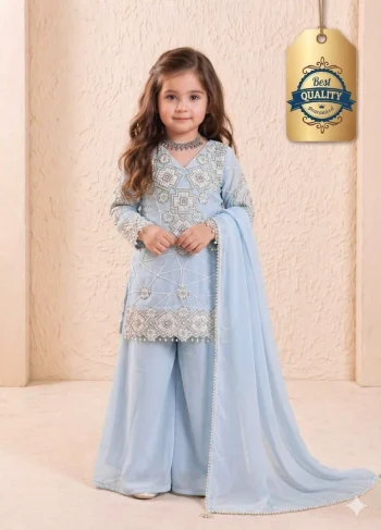 MODERN GEORGETTE EMBROIDERY 3 MM SEQUENCE WORK KID'S TOP PALAZZO WITH DUPATTA SKY
