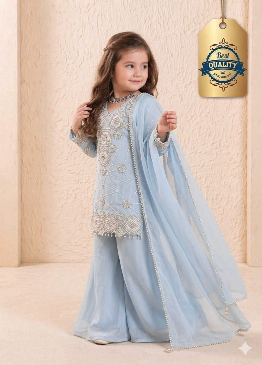 MODERN GEORGETTE EMBROIDERY 3 MM SEQUENCE WORK KID'S TOP PALAZZO WITH DUPATTA WEDDING WEAR WHOLESALE PRICE ETHNIC GARMENT (6)
