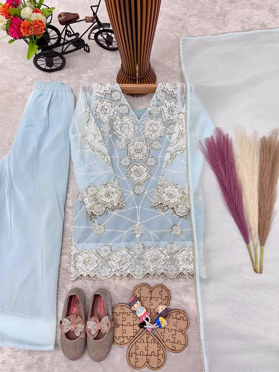 MODERN GEORGETTE EMBROIDERY 3 MM SEQUENCE WORK KID'S TOP PALAZZO WITH DUPATTA WEDDING WEAR WHOLESALE PRICE ETHNIC GARMENT (7)