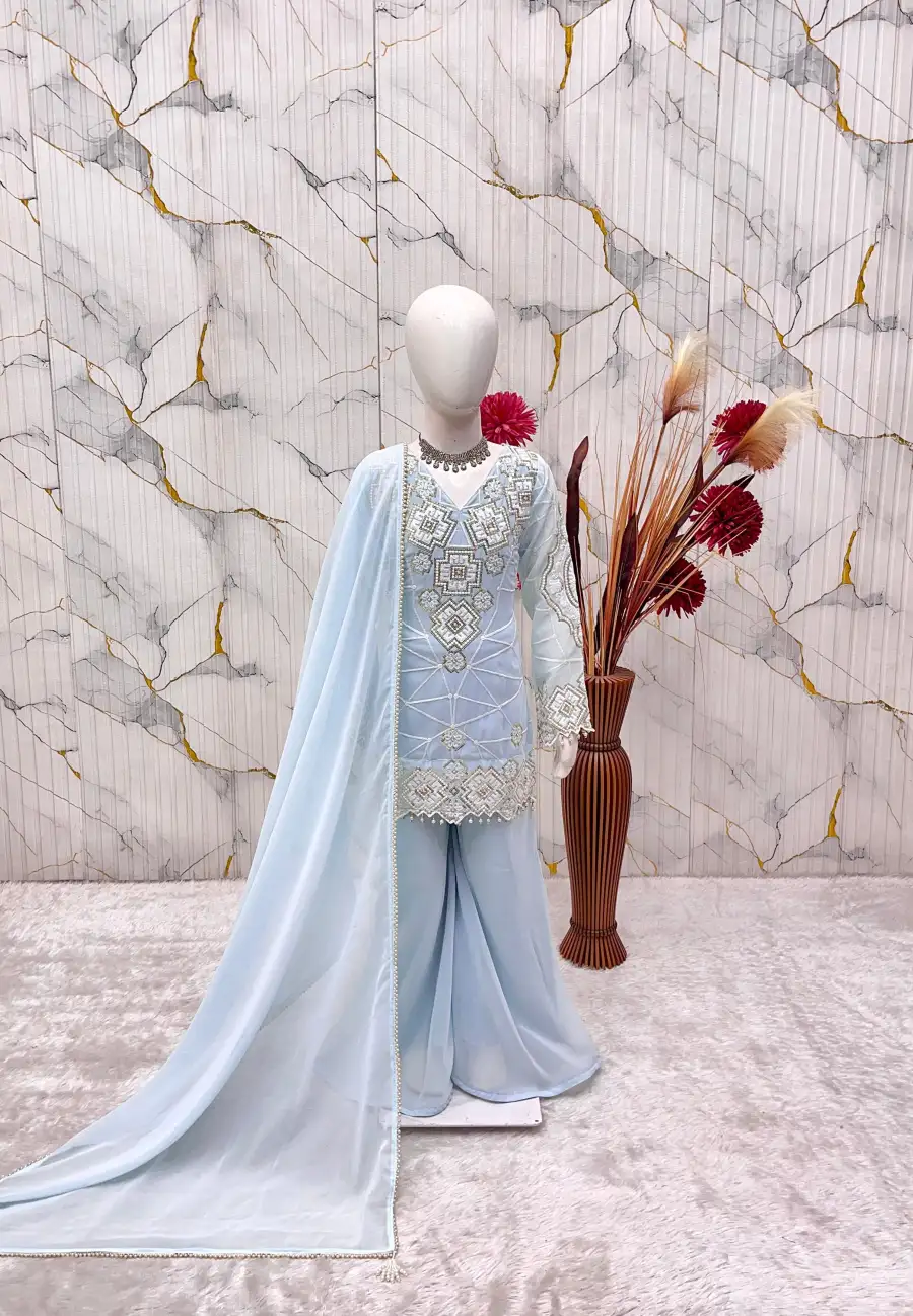 MODERN GEORGETTE EMBROIDERY 3 MM SEQUENCE WORK KID'S TOP PALAZZO WITH DUPATTA WEDDING WEAR WHOLESALE PRICE ETHNIC GARMENT (9)