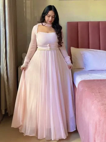 MODERN GEORGETTE FANCY LACE WORK GOWN KOTI AND BOTTOM F WITH DUPATTA BABY PINK