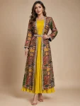 MODERN GEORGETTE PLAIN TOP WITH VICHITRA DHAGA + SEQUENCE EMBROIDERY WITH HAND WORK SHRUG YELLOW