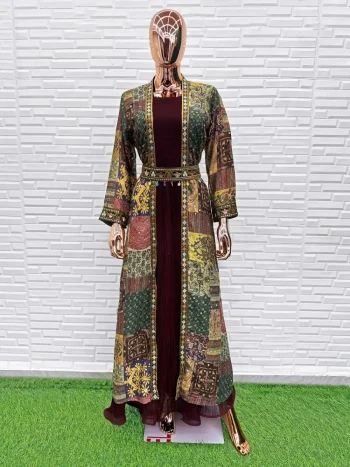 MODERN GEORGETTE PLAIN TOP WITH VICHITRA DHAGA + SEQUENCE EMBROIDERY WITH HAND WORK SHRUG BROWN