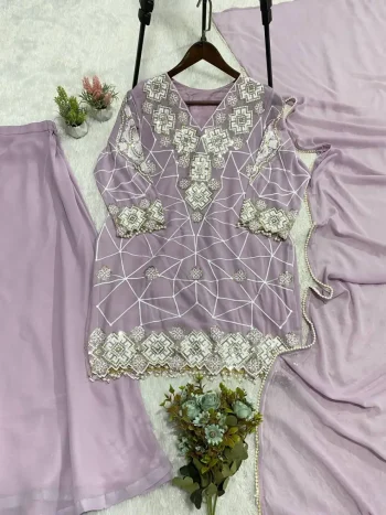 MODERN GEORGETTE SEQUENCE EMBROIDERY WORK TOP PALAZZO WITH DUPATTA LAVENDER