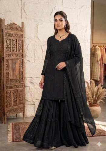 MODERN GEORGETTE SEQUENCE EMBROIDERY WORK TOP SHARARA WITH DUPATTA BLACK