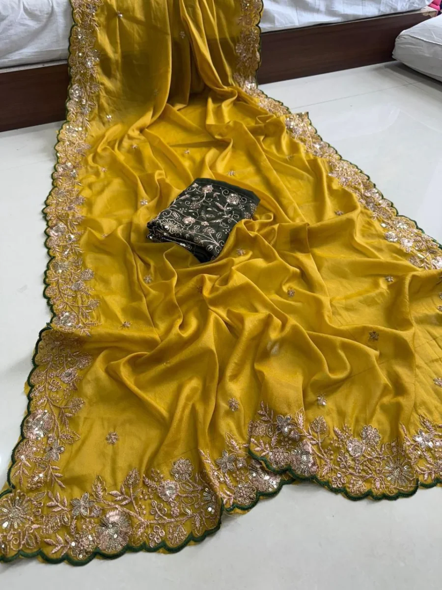 MODERN GEORGETTE SEQUENCE WORK CUT WORK BORDER SAREE WITH UNSTITCHED BLOUSE WEDDING WEAR WHOLESALE PRICE ETHNIC GARMENT (1)
